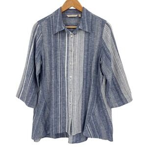 Soft Surroundings Womens Medium Linen Button Up Shirt Striped Roll Cuff Luxury
